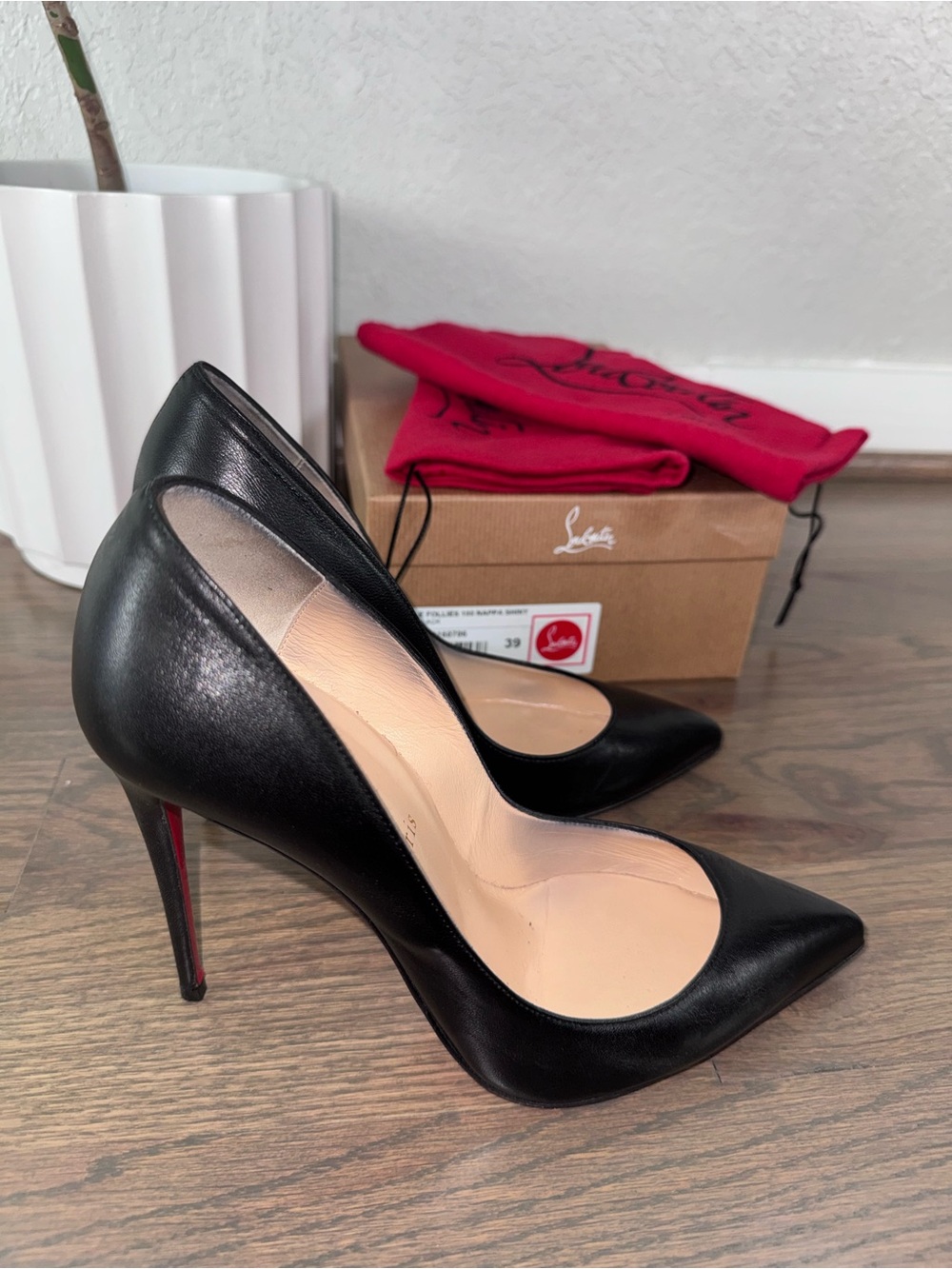 Christian Louboutin Black Leather Pointed Toe Stiletto Heels with Red Sole